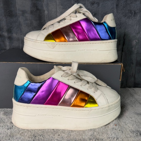 Kurt Geiger London Shoes - Kurt Geiger London Platform Sneakers Womens 38 White Rainbow Metallic Leather
